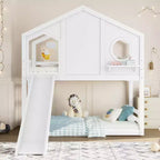 Twin over Twin House Bunk Bed with Slide and Storage Shelves, Wood Bunk Bed Frame with Window for Kids
