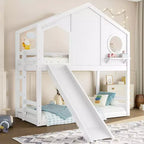Twin over Twin House Bunk Bed with Slide and Storage Shelves, Wood Bunk Bed Frame with Window for Kids