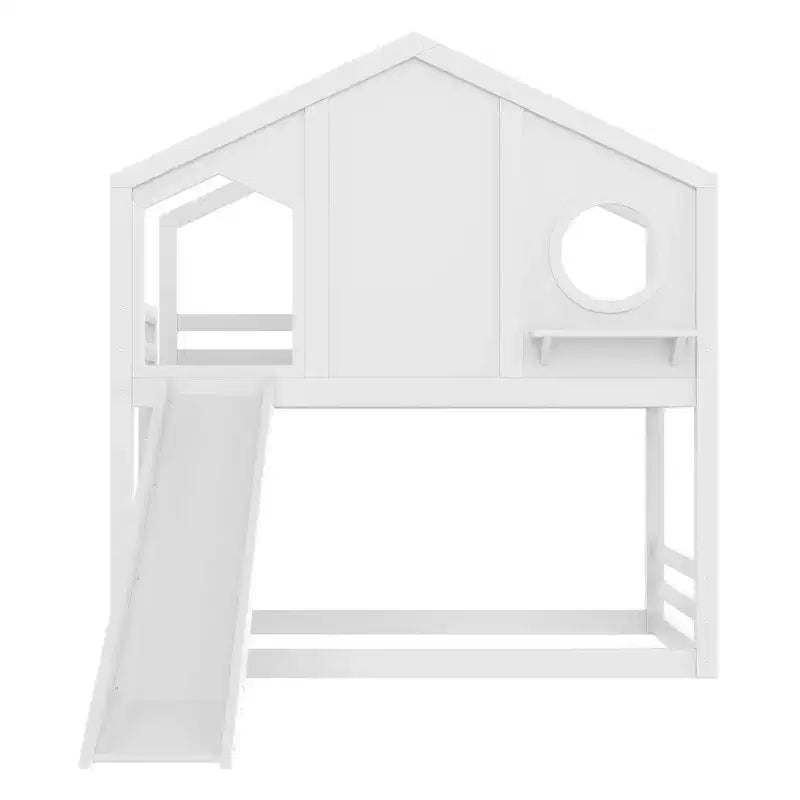 Twin over Twin House Bunk Bed with Slide and Storage Shelves, Wood Bunk Bed Frame with Window for Kids