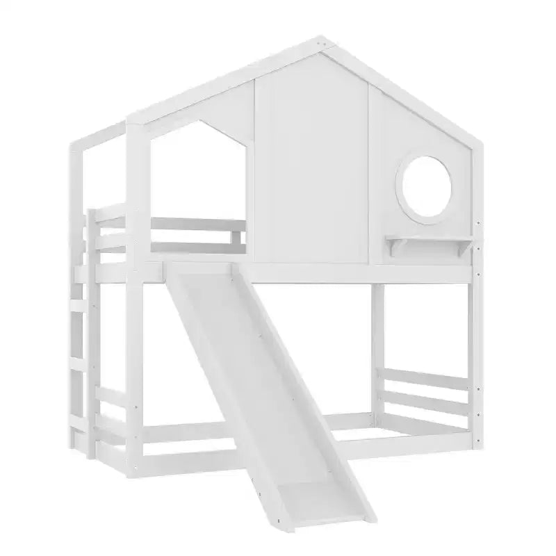 Twin over Twin House Bunk Bed with Slide and Storage Shelves, Wood Bunk Bed Frame with Window for Kids