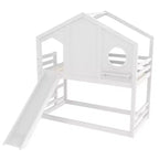 Twin over Twin House Bunk Bed with Slide and Storage Shelves, Wood Bunk Bed Frame with Window for Kids