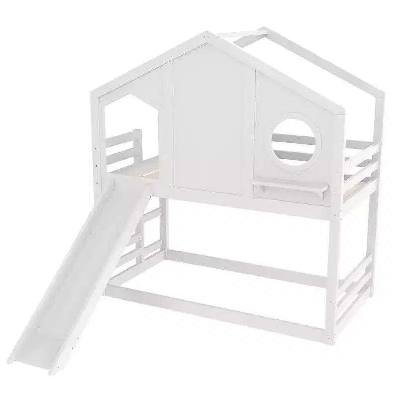 Twin over Twin House Bunk Bed with Slide and Storage Shelves, Wood Bunk Bed Frame with Window for Kids