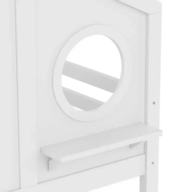 Twin over Twin House Bunk Bed with Slide and Storage Shelves, Wood Bunk Bed Frame with Window for Kids