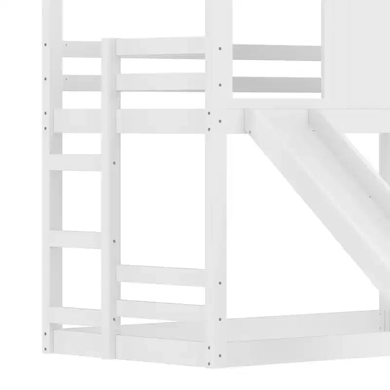 Twin over Twin House Bunk Bed with Slide and Storage Shelves, Wood Bunk Bed Frame with Window for Kids