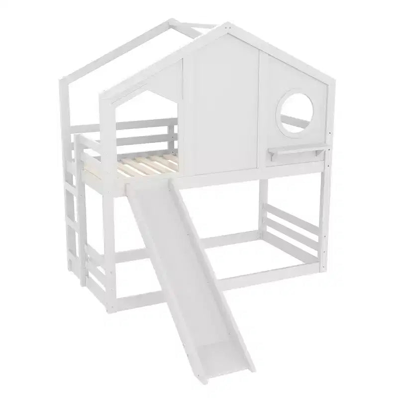 Twin over Twin House Bunk Bed with Slide and Storage Shelves, Wood Bunk Bed Frame with Window for Kids