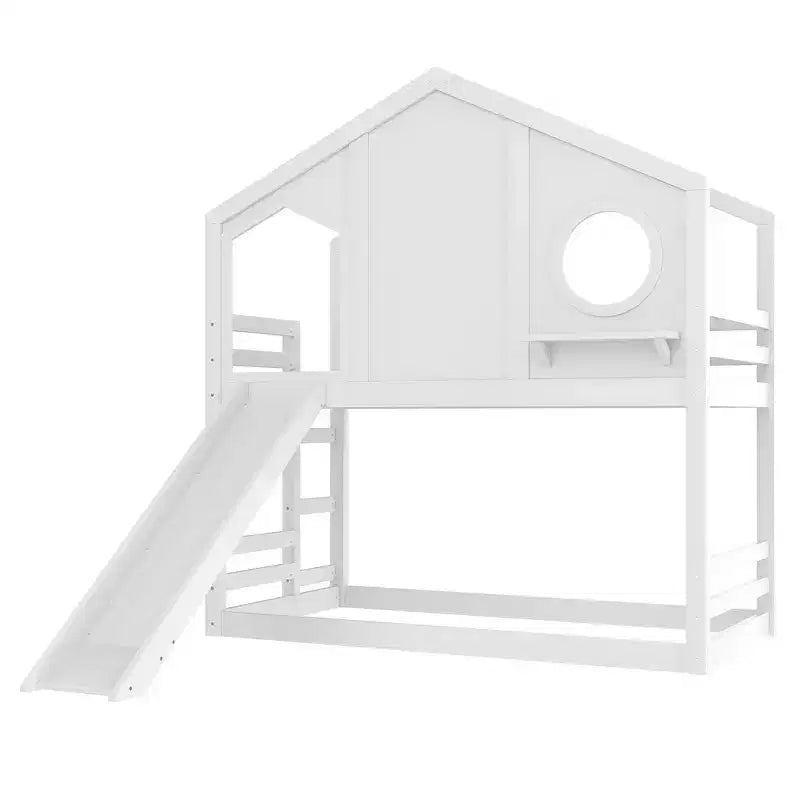 Twin over Twin House Bunk Bed with Slide and Storage Shelves, Wood Bunk Bed Frame with Window for Kids
