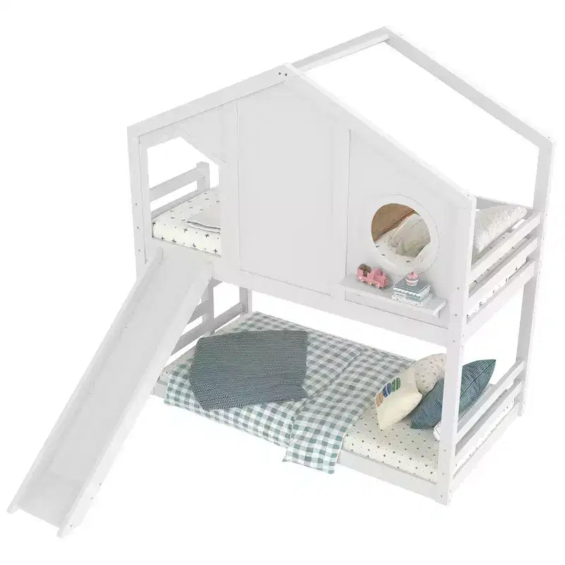 Twin over Twin House Bunk Bed with Slide and Storage Shelves, Wood Bunk Bed Frame with Window for Kids