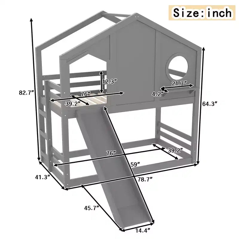 Twin over Twin House Bunk Bed with Slide and Storage Shelves, Wood Bunk Bed Frame with Window for Kids