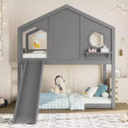 Twin over Twin House Bunk Bed with Slide and Storage Shelves, Wood Bunk Bed Frame with Window for Kids