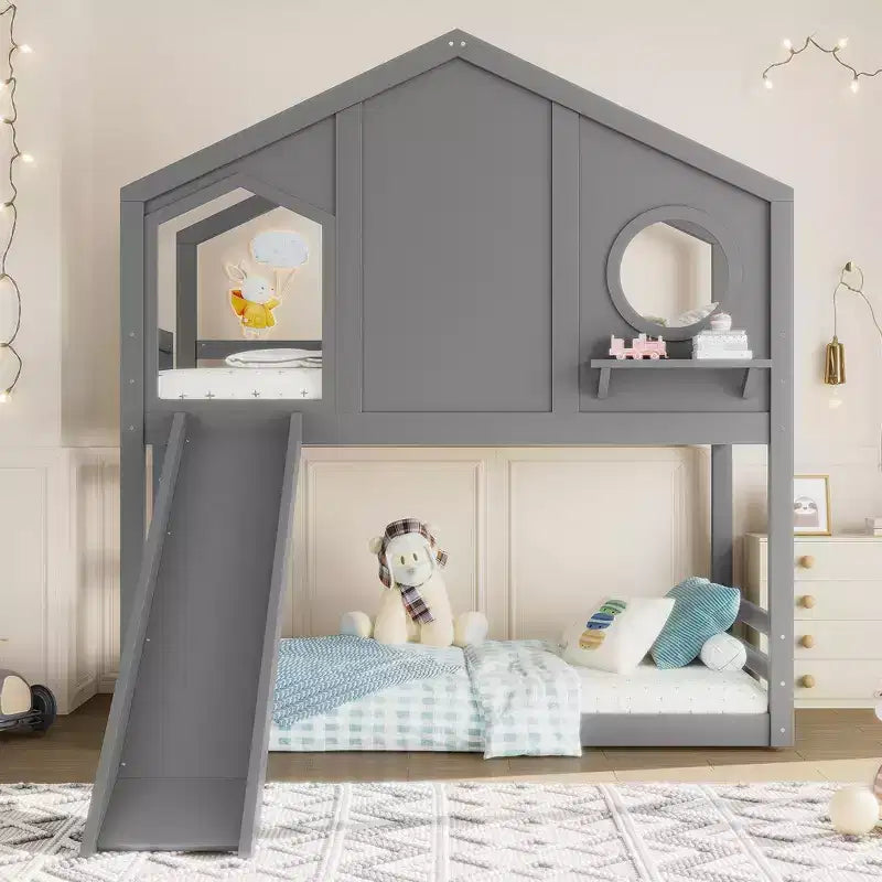 Twin over Twin House Bunk Bed with Slide and Storage Shelves, Wood Bunk Bed Frame with Window for Kids