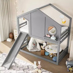 Twin over Twin House Bunk Bed with Slide and Storage Shelves, Wood Bunk Bed Frame with Window for Kids