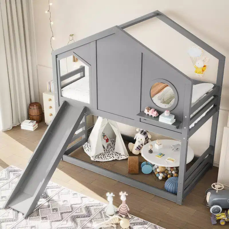 Twin over Twin House Bunk Bed with Slide and Storage Shelves, Wood Bunk Bed Frame with Window for Kids