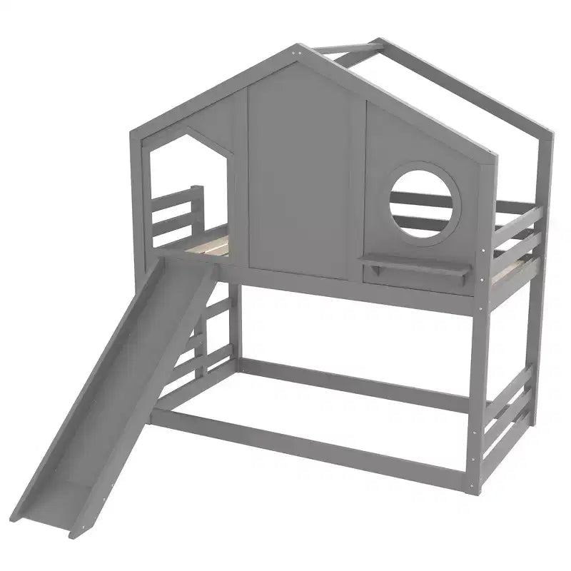 Twin over Twin House Bunk Bed with Slide and Storage Shelves, Wood Bunk Bed Frame with Window for Kids