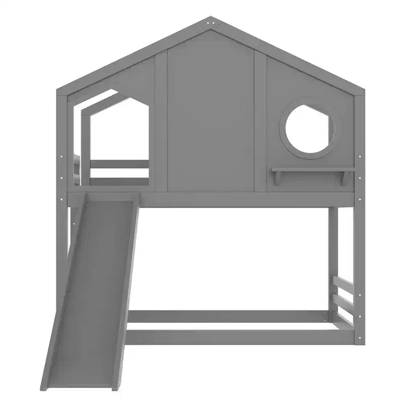 Twin over Twin House Bunk Bed with Slide and Storage Shelves, Wood Bunk Bed Frame with Window for Kids