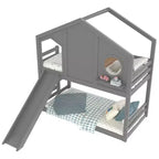 Twin over Twin House Bunk Bed with Slide and Storage Shelves, Wood Bunk Bed Frame with Window for Kids