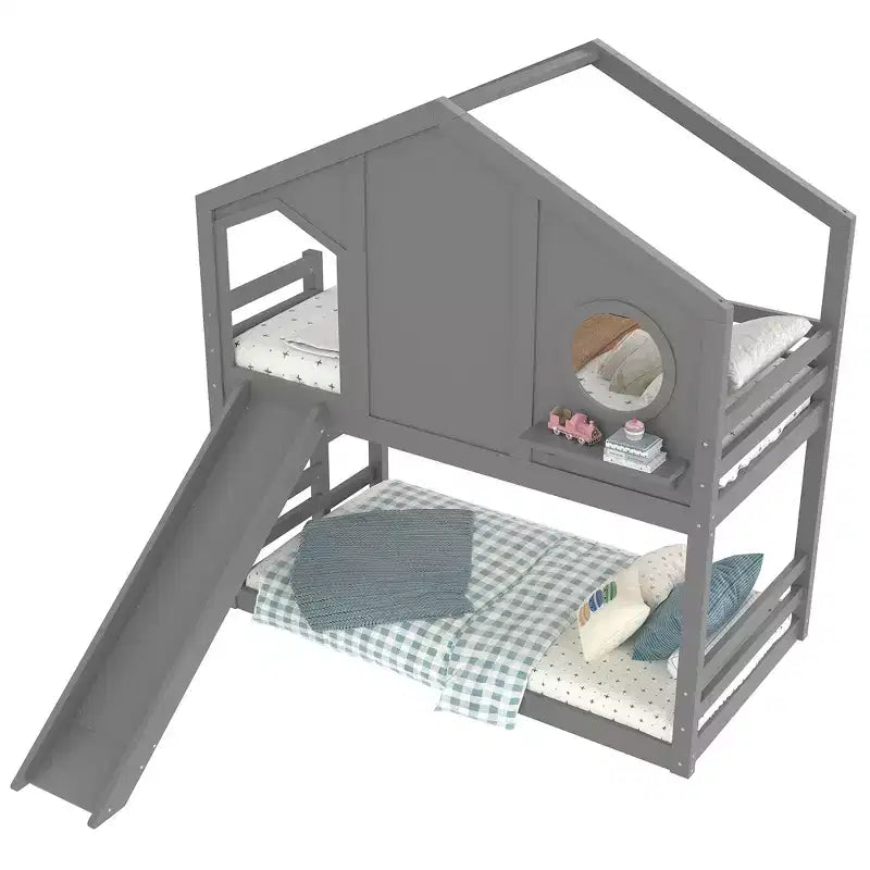 Twin over Twin House Bunk Bed with Slide and Storage Shelves, Wood Bunk Bed Frame with Window for Kids