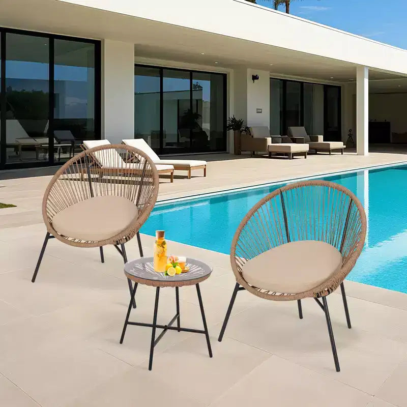 3 Piece Outdoor Rattan Bistro Set, All-Weather Acapulco Conversation Set with Cushions & Tempered Glass Table, Patio Furniture for Porch, Balcony