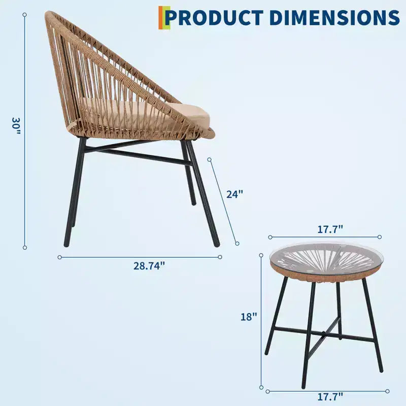 3 Piece Outdoor Rattan Bistro Set, All-Weather Acapulco Conversation Set with Cushions & Tempered Glass Table, Patio Furniture for Porch, Balcony