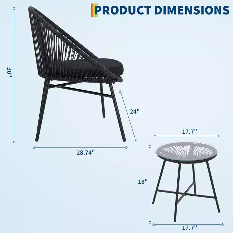 3 Piece Outdoor Rattan Bistro Set, All-Weather Acapulco Conversation Set with Cushions & Tempered Glass Table, Patio Furniture for Porch, Balcony