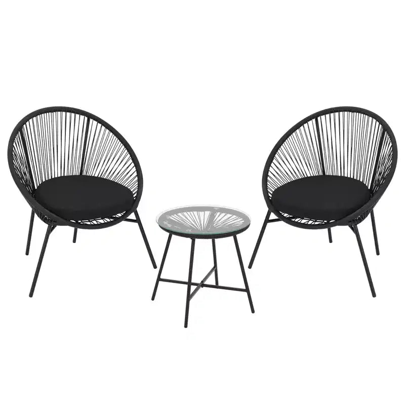 3 Piece Outdoor Rattan Bistro Set, All-Weather Acapulco Conversation Set with Cushions & Tempered Glass Table, Patio Furniture for Porch, Balcony