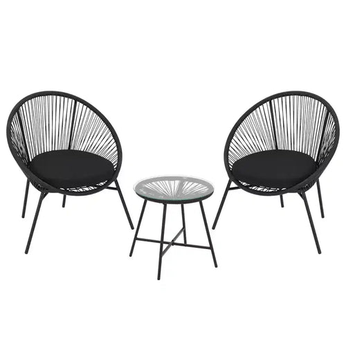 3 Piece Outdoor Rattan Bistro Set, All-Weather Acapulco Conversation Set with Cushions & Tempered Glass Table, Patio Furniture for Porch, Balcony