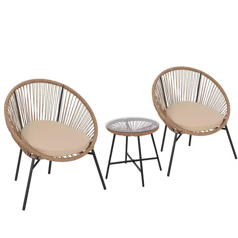 3 Piece Outdoor Rattan Bistro Set, All-Weather Acapulco Conversation Set with Cushions & Tempered Glass Table, Patio Furniture for Porch, Balcony