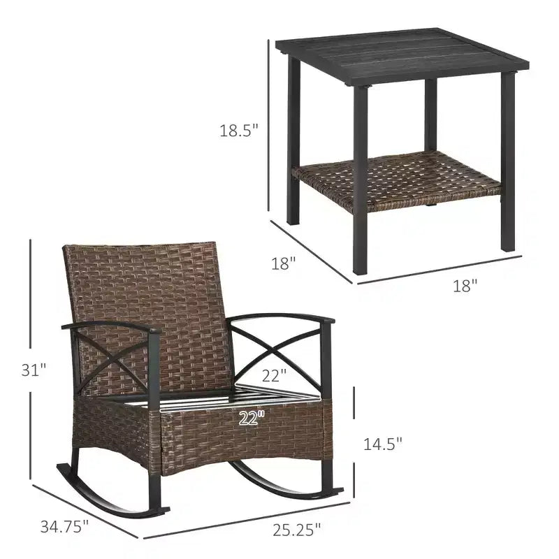 3 Piece Patio Rocking Chair Set, Outdoor Wicker Bistro Set with 2 Oversize Cushioned Porch Rockers and 2 Tier Coffee Table for Garden, Porch
