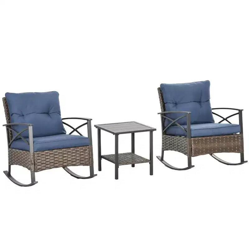 3 Piece Patio Rocking Chair Set, Outdoor Wicker Bistro Set with 2 Oversize Cushioned Porch Rockers and 2 Tier Coffee Table for Garden, Porch