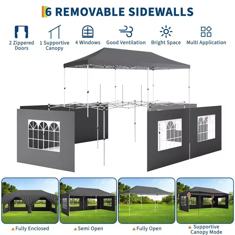 10x20 Heavy Duty Commercial Pop Up Canopy Tent with Roller Bag, 6 Removable Sidewalls, Upgraded Thickened Legs & 6 Sand Bags, Grey
