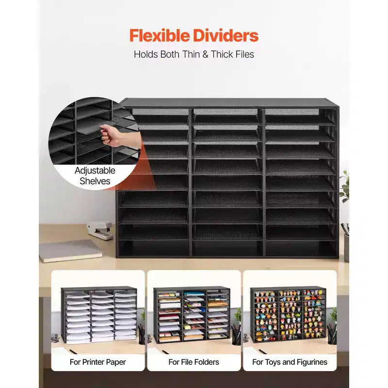 VEVOR Literature Organizer, 27 Compartments Metal Office Mailbox with Detachable Wire Mesh, Mailbox Sorter with Wooden Top, Black