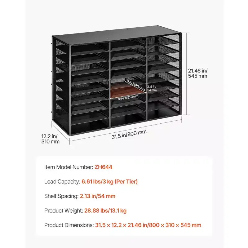 VEVOR Literature Organizer, 27 Compartments Metal Office Mailbox with Detachable Wire Mesh, Mailbox Sorter with Wooden Top, Black