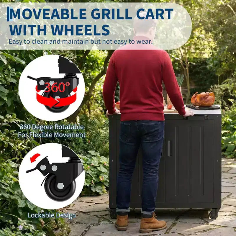 Modular Outdoor Grill Cart with Storage Cabinet - Stainless Steel Top - Bar Cart Kitchen Island for Lawn and Garden - Durable BBQ Accessory