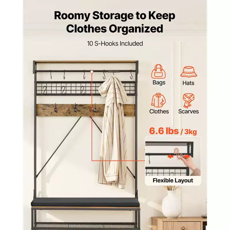 VEVOR Hall Tree, 72 in Coat Rack with Shoe Bench, 2-Tier Freestanding Shoe Rack Storage Organizer with Hooks, Hanging Rod and Wire Shelf,Brown & Black