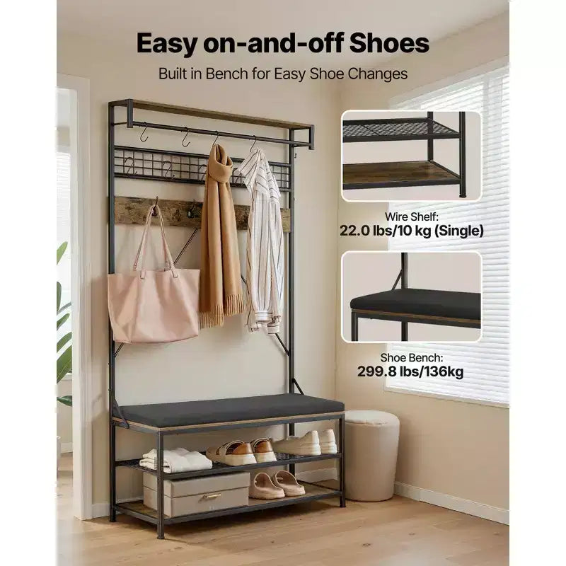 VEVOR Hall Tree, 72 in Coat Rack with Shoe Bench, 2-Tier Freestanding Shoe Rack Storage Organizer with Hooks, Hanging Rod and Wire Shelf,Brown & Black