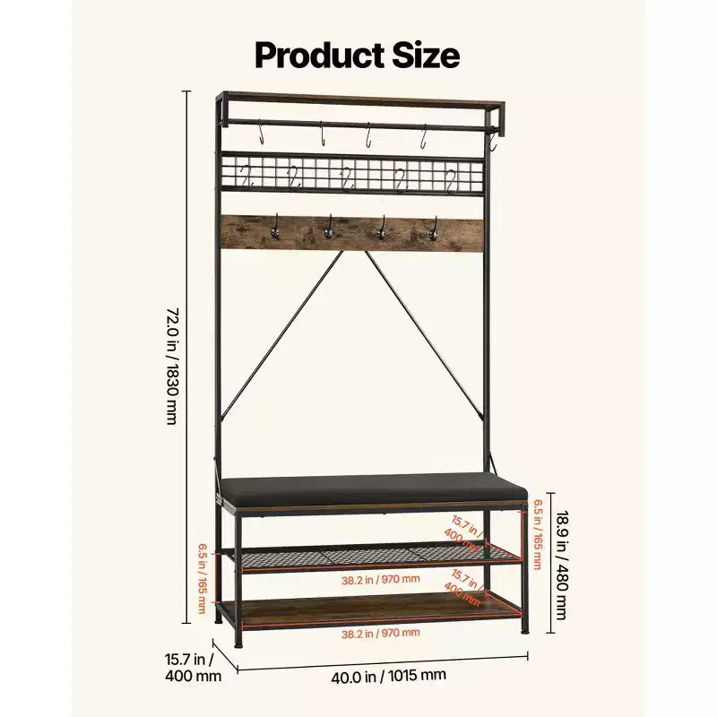 VEVOR Hall Tree, 72 in Coat Rack with Shoe Bench, 2-Tier Freestanding Shoe Rack Storage Organizer with Hooks, Hanging Rod and Wire Shelf,Brown & Black