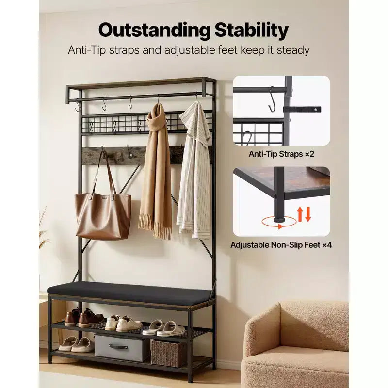 VEVOR Hall Tree, 72 in Coat Rack with Shoe Bench, 2-Tier Freestanding Shoe Rack Storage Organizer with Hooks, Hanging Rod and Wire Shelf,Brown & Black