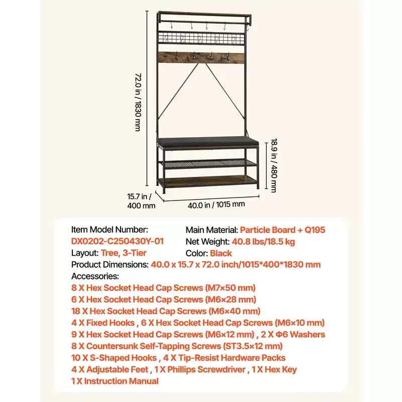 VEVOR Hall Tree, 72 in Coat Rack with Shoe Bench, 2-Tier Freestanding Shoe Rack Storage Organizer with Hooks, Hanging Rod and Wire Shelf,Brown & Black