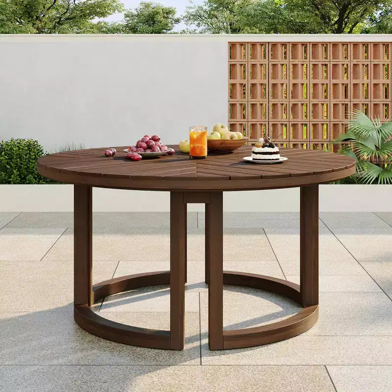 Whisen Outdoor 59 Round Patio Dining Table with Umbrella Hole, Acacia Wood, Hollow Spliced Top, Sturdy Legs
