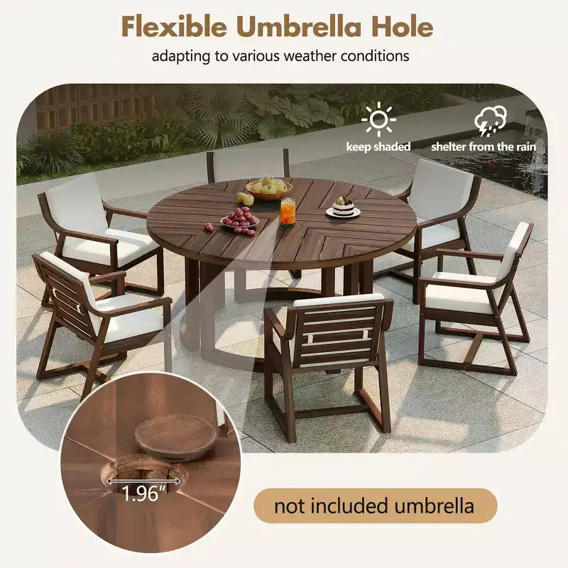 Whisen Outdoor 59 Round Patio Dining Table with Umbrella Hole, Acacia Wood, Hollow Spliced Top, Sturdy Legs