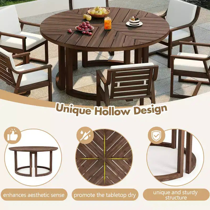 Whisen Outdoor 59 Round Patio Dining Table with Umbrella Hole, Acacia Wood, Hollow Spliced Top, Sturdy Legs