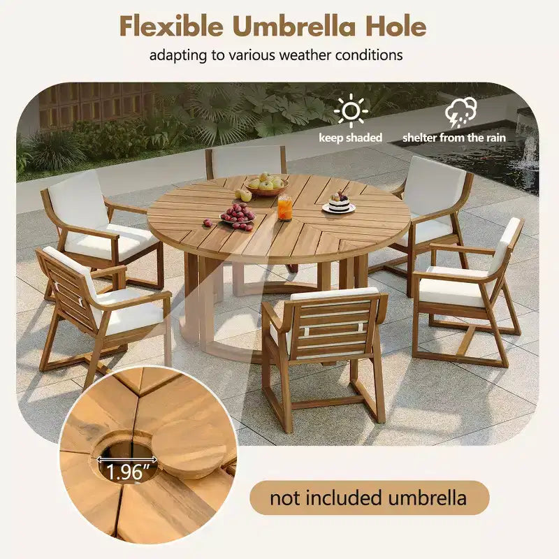 Whisen Outdoor 59 Round Patio Dining Table with Umbrella Hole, Acacia Wood, Hollow Spliced Top, Sturdy Legs
