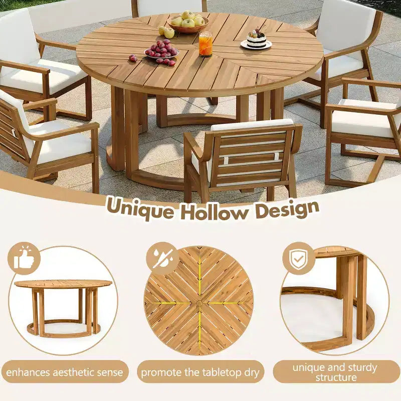 Whisen Outdoor 59 Round Patio Dining Table with Umbrella Hole, Acacia Wood, Hollow Spliced Top, Sturdy Legs