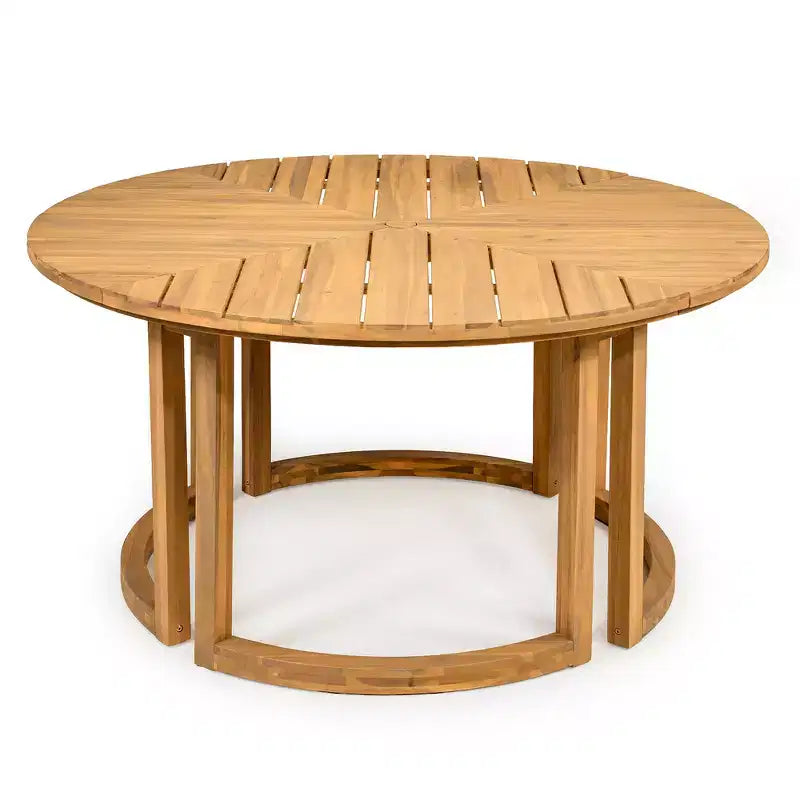 Whisen Outdoor 59 Round Patio Dining Table with Umbrella Hole, Acacia Wood, Hollow Spliced Top, Sturdy Legs