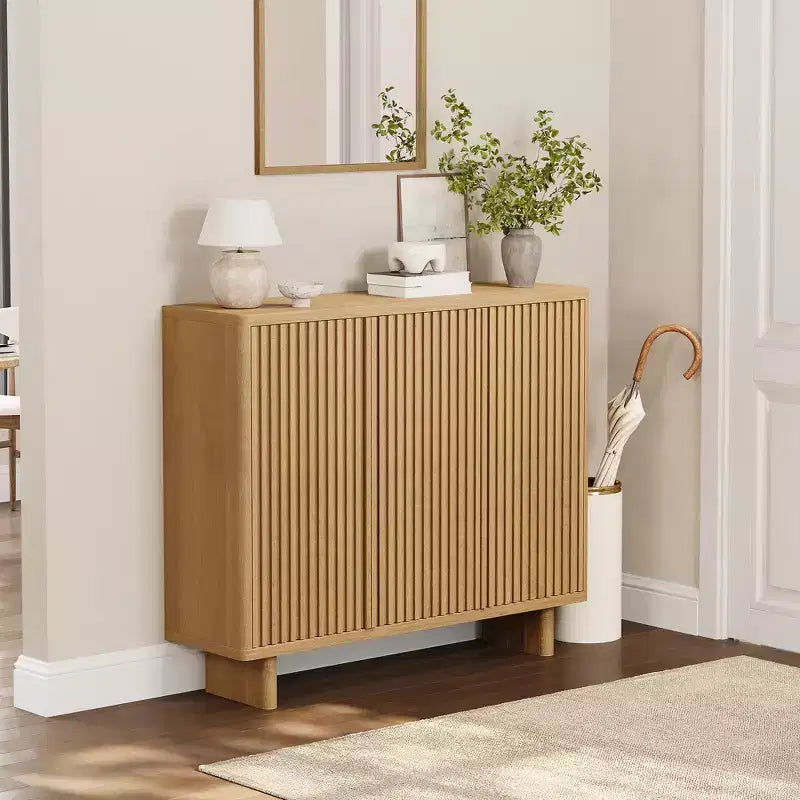 46 Inch Shoe Cabinet with Fluted Door, 5-Tier Storage with 4 Adjustable Shelves, Rustic Shoe Organizer for Entryway, Hallway, Living Room