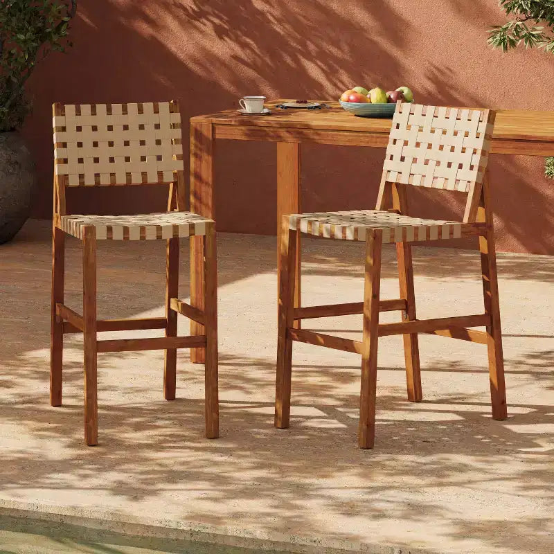 Christopher Knight Home Elara Farmhouse Patio Acacia Wood Woven Rope Bar Stools (Set of 2)