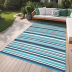 8x10 Waterproof Reversible Outdoor Plastic Straw Rug, Colorful Lines, Foldable for Patio, RV, Deck, Picnic, Porch, Camper, Balcony, Blue
