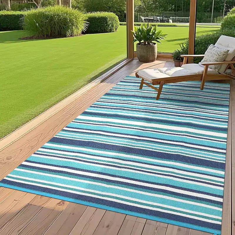 8x10 Waterproof Reversible Outdoor Plastic Straw Rug, Colorful Lines, Foldable for Patio, RV, Deck, Picnic, Porch, Camper, Balcony, Blue