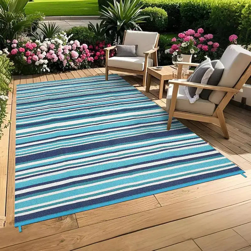 8x10 Waterproof Reversible Outdoor Plastic Straw Rug, Colorful Lines, Foldable for Patio, RV, Deck, Picnic, Porch, Camper, Balcony, Blue