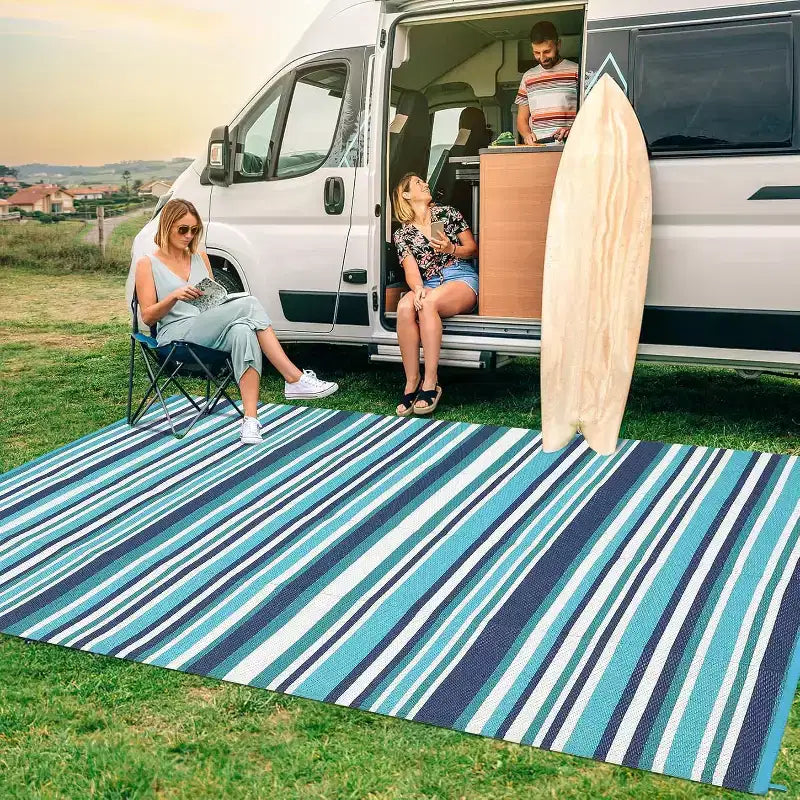8x10 Waterproof Reversible Outdoor Plastic Straw Rug, Colorful Lines, Foldable for Patio, RV, Deck, Picnic, Porch, Camper, Balcony, Blue