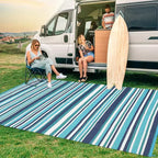 8x10 Waterproof Reversible Outdoor Plastic Straw Rug, Colorful Lines, Foldable for Patio, RV, Deck, Picnic, Porch, Camper, Balcony, Blue